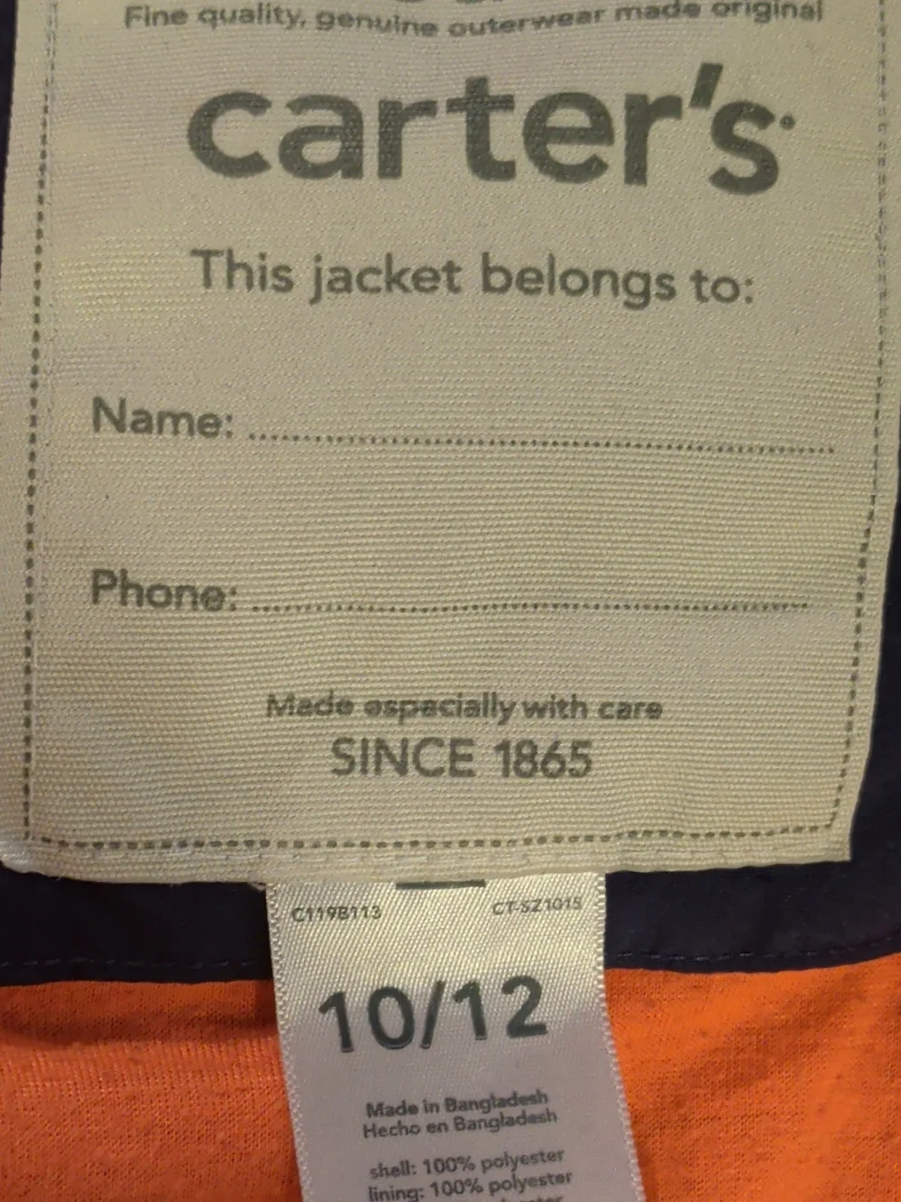 Carter's Navy Hooded Raincoat with Orange Dino Spikes